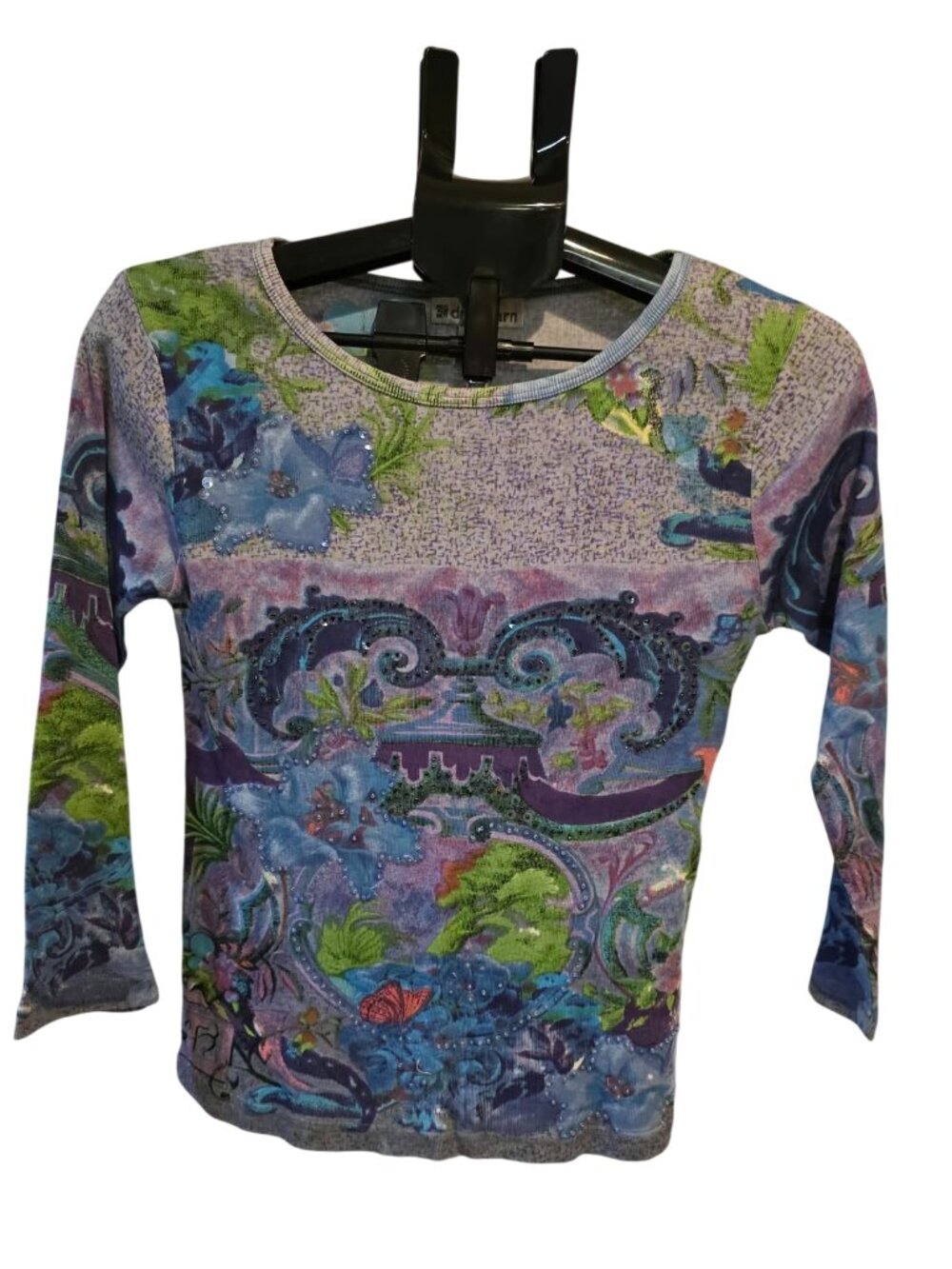 Dress Barn Vintage Y2K Purple Floral Paisley Sequined 3/4 Sleeve Top